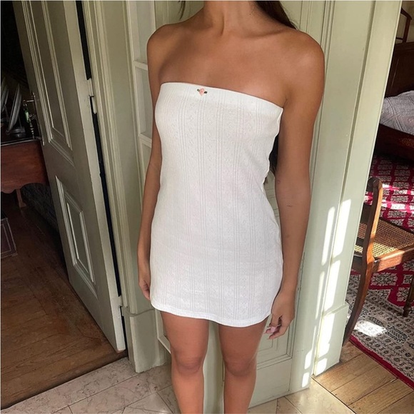 🦋 NWT White Knit Y2K Strapless Tube Top Mini Dress | Light Pink Rose Detail - Picture 6 of 7